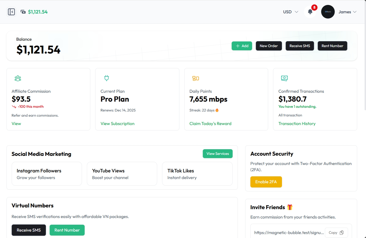Virtual number dashboard